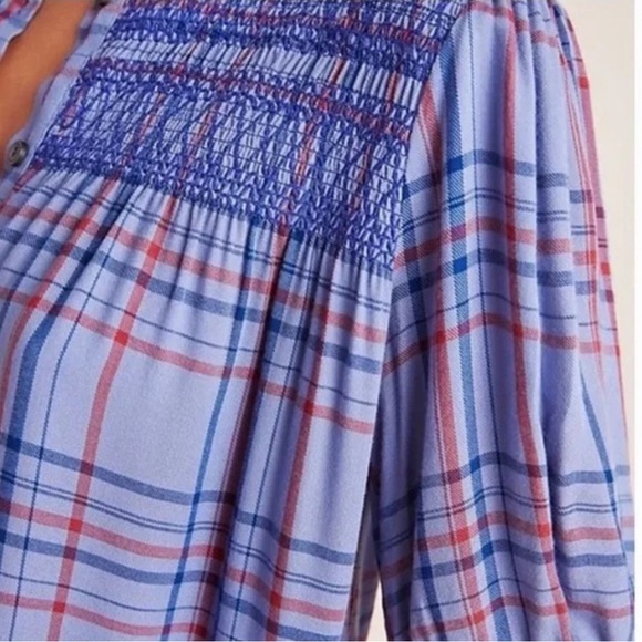 Anthropologie Maeve Lise Smocked Plaid Short Sleeve Button Up Blouse - Picture 4 of 10
